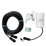 Outdoor motion sensor system with cable and accessories on a white background
