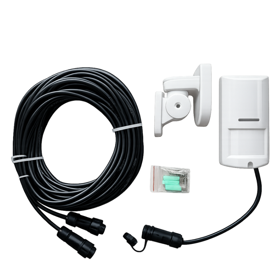 Outdoor motion sensor system with cable and accessories on a white background