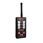 Black remote control with buttons and a antenna on a white background
