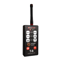 Black remote control with buttons and a antenna on a white background